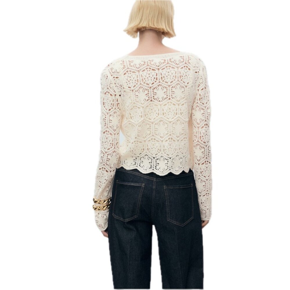 Rebellion Crocheted Cardigan Women's M Cropped Sweater Cream  NEW - Picture 4 of 13
